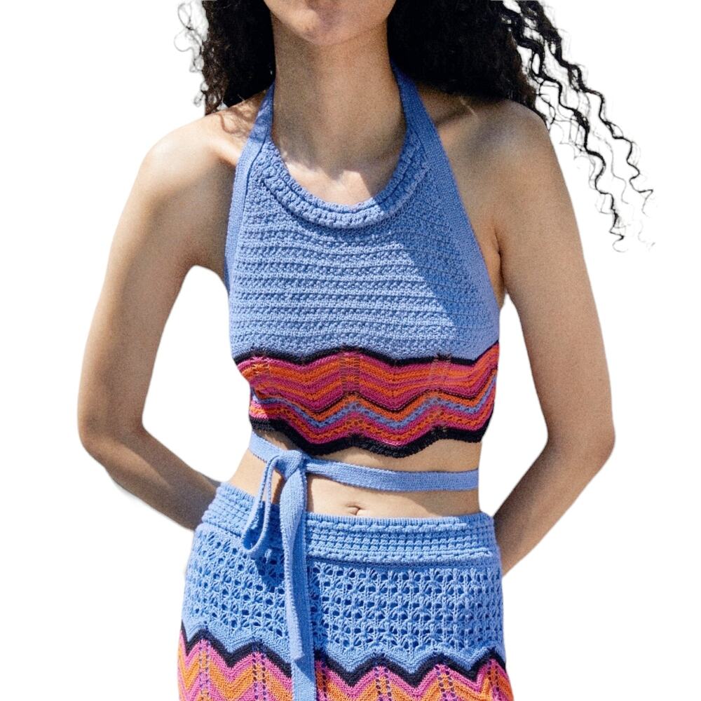 ZARA crochet knit halter blue boho open back crop top Special Edition Size M - Picture 4 of 8